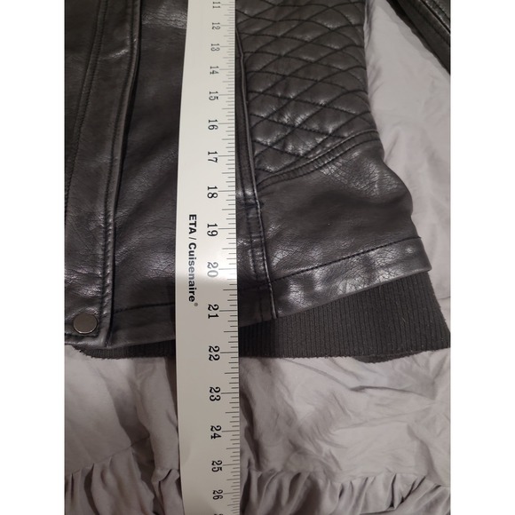 Mo-Ka Women SZ S dk Grey faux Leather Moto jacket Biker quilted hooded goth punk - Picture 11 of 12